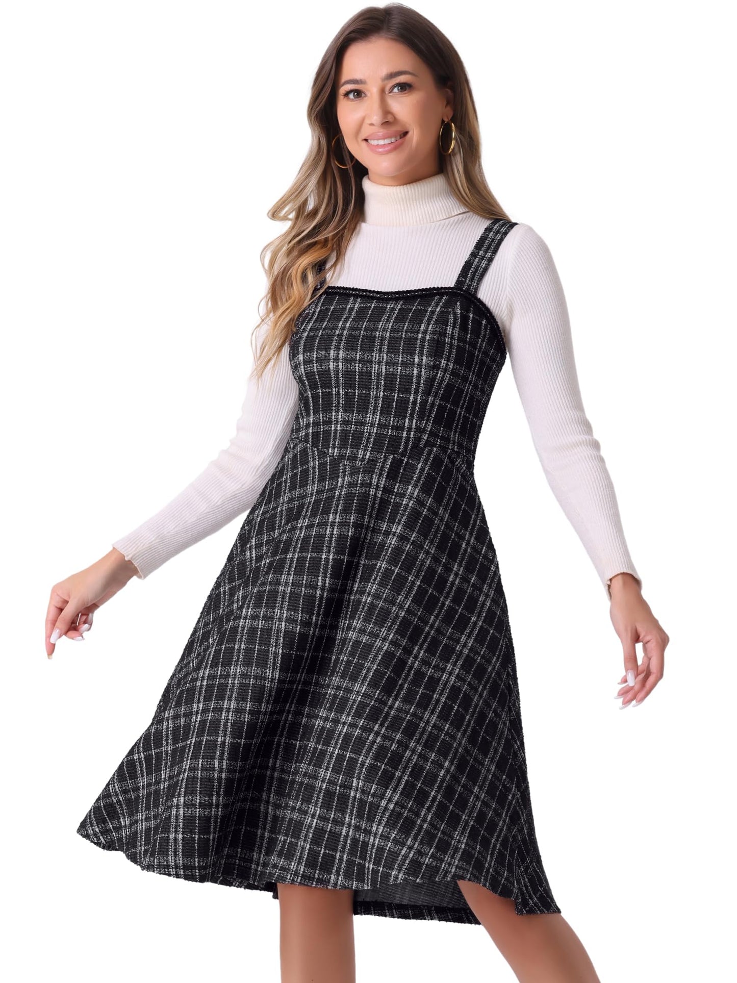 Allegra K Tweed Dress for Women Sleeveless Square Neck Plaid A-Line Pinafore Overall Dresses