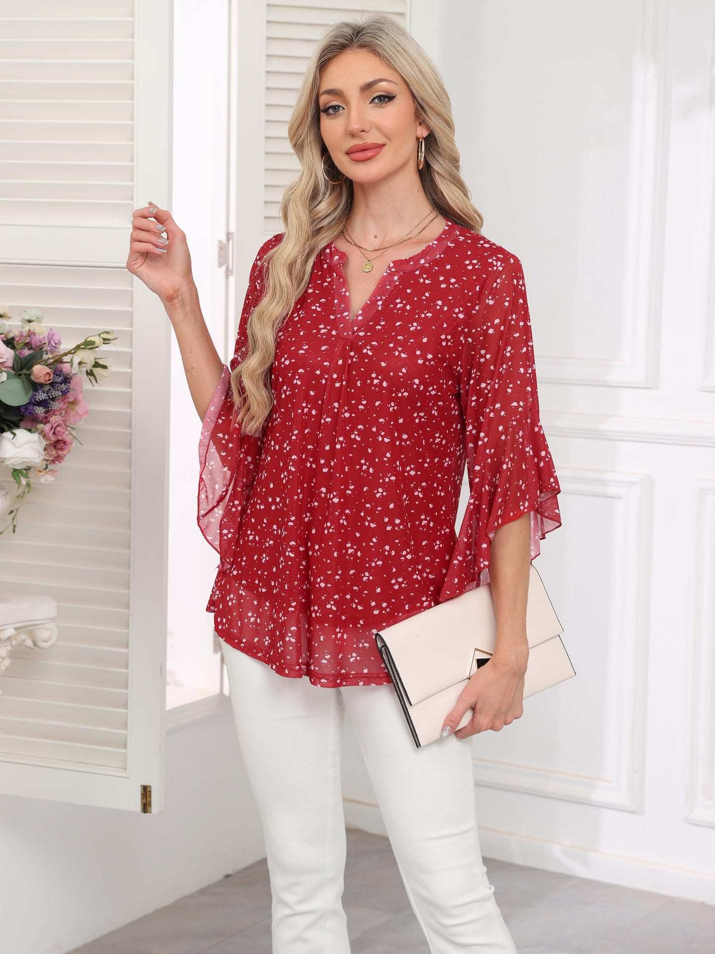 Ninedaily Womens Sparkly Tops 3/4 Sleeve Dressy Casual Sequin Blouses Double Layers Loose V Neck Shirt