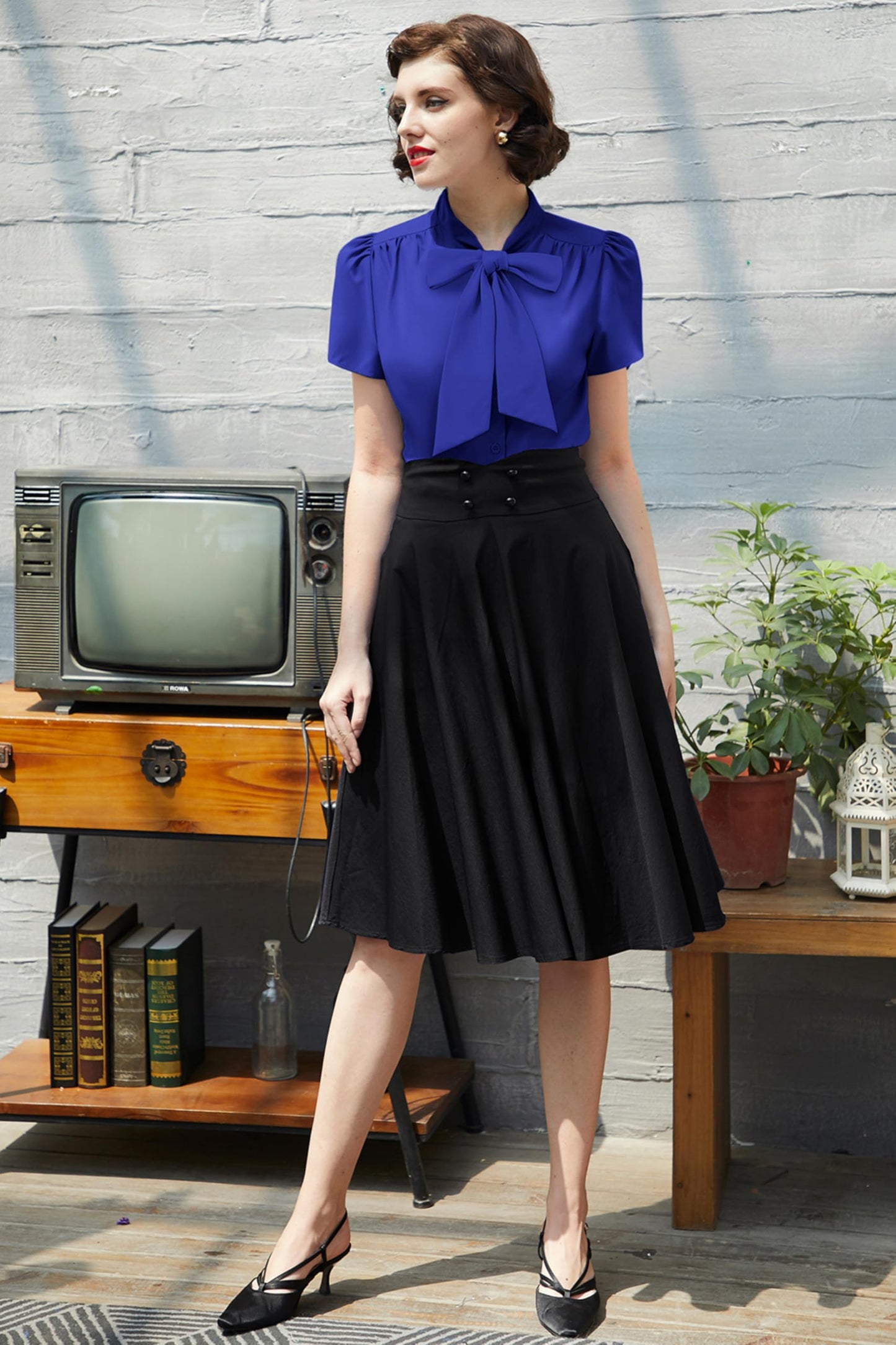 Belle Poque Summer Short Sleeve Office Button Down Blouse Stripe Shirt Tops with Bow Tie BP573