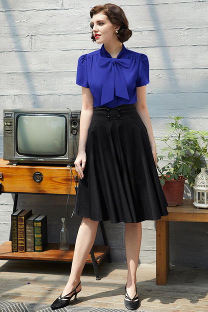 Belle Poque Summer Short Sleeve Office Button Down Blouse Stripe Shirt Tops with Bow Tie BP573
