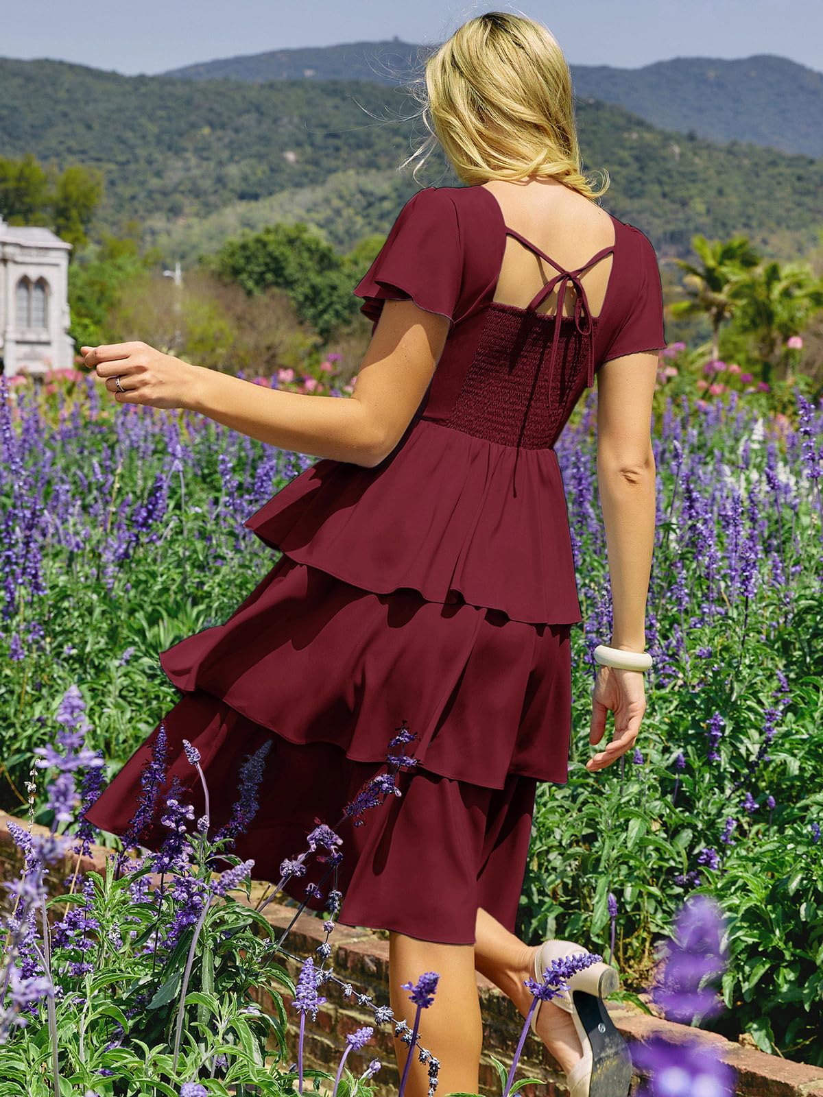 Belle Poque Women's Vintage Square Neck Dress 2026 Summer Short Sleeve Layered Tiered Ruffle A-line Swing Midi Dress