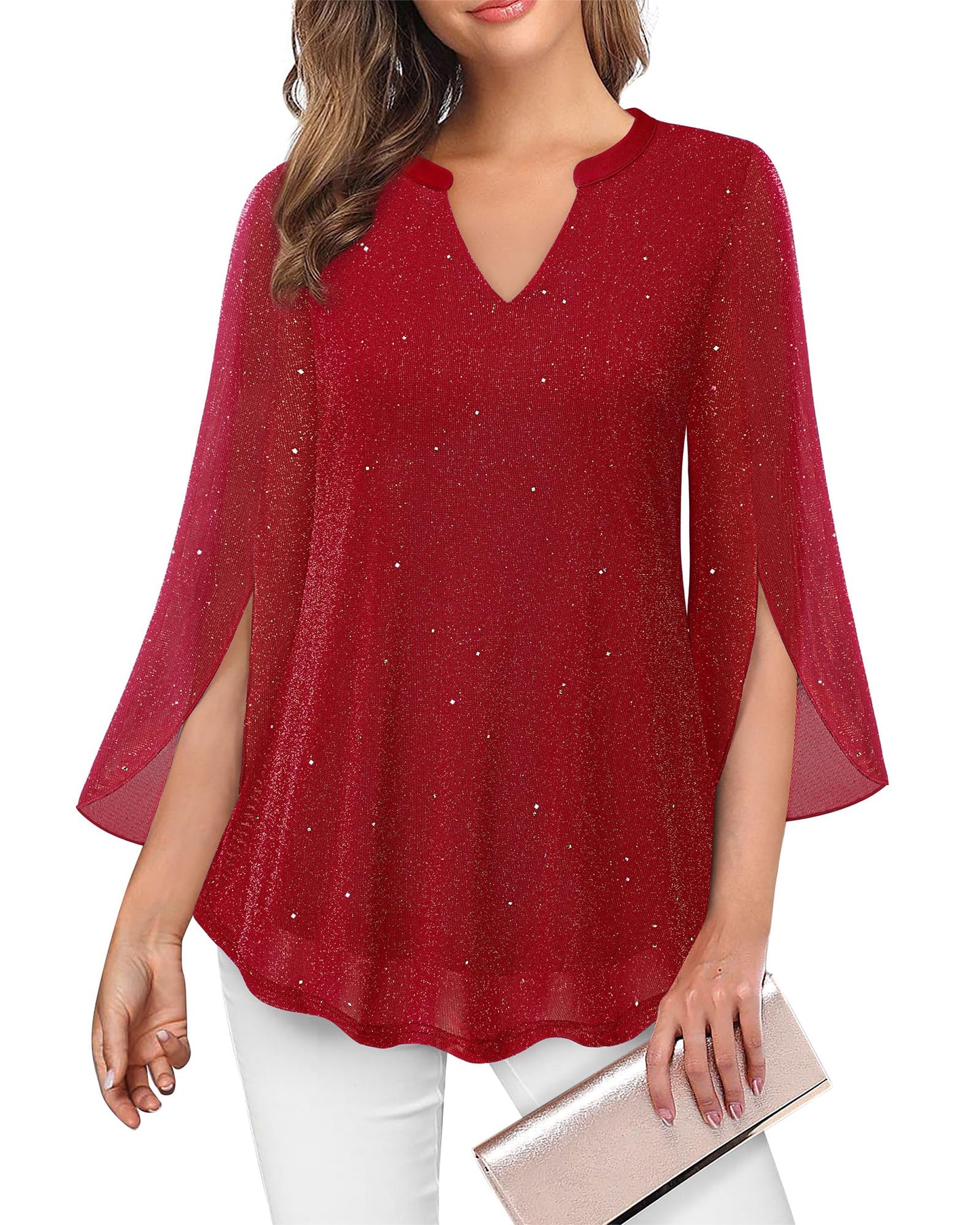 VALOLIA Women's 3/4 Sleeve Floral Tunic Tops V Neck Double Layers Loose Fit Mesh Blouses Shirt