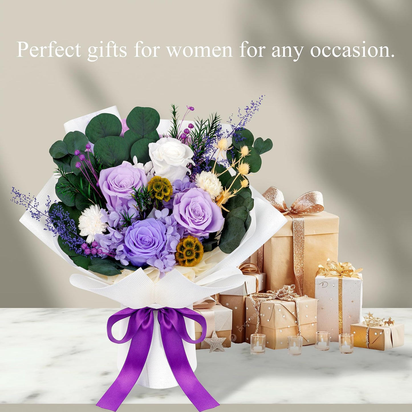 Perfectione Roses 4 Roses Mixed Bouquet for Mother's Day, Flowers for Delivery, Preserved Flowers Birthday Gift for Women Mom Wife Grandma Her, Dusty Rose