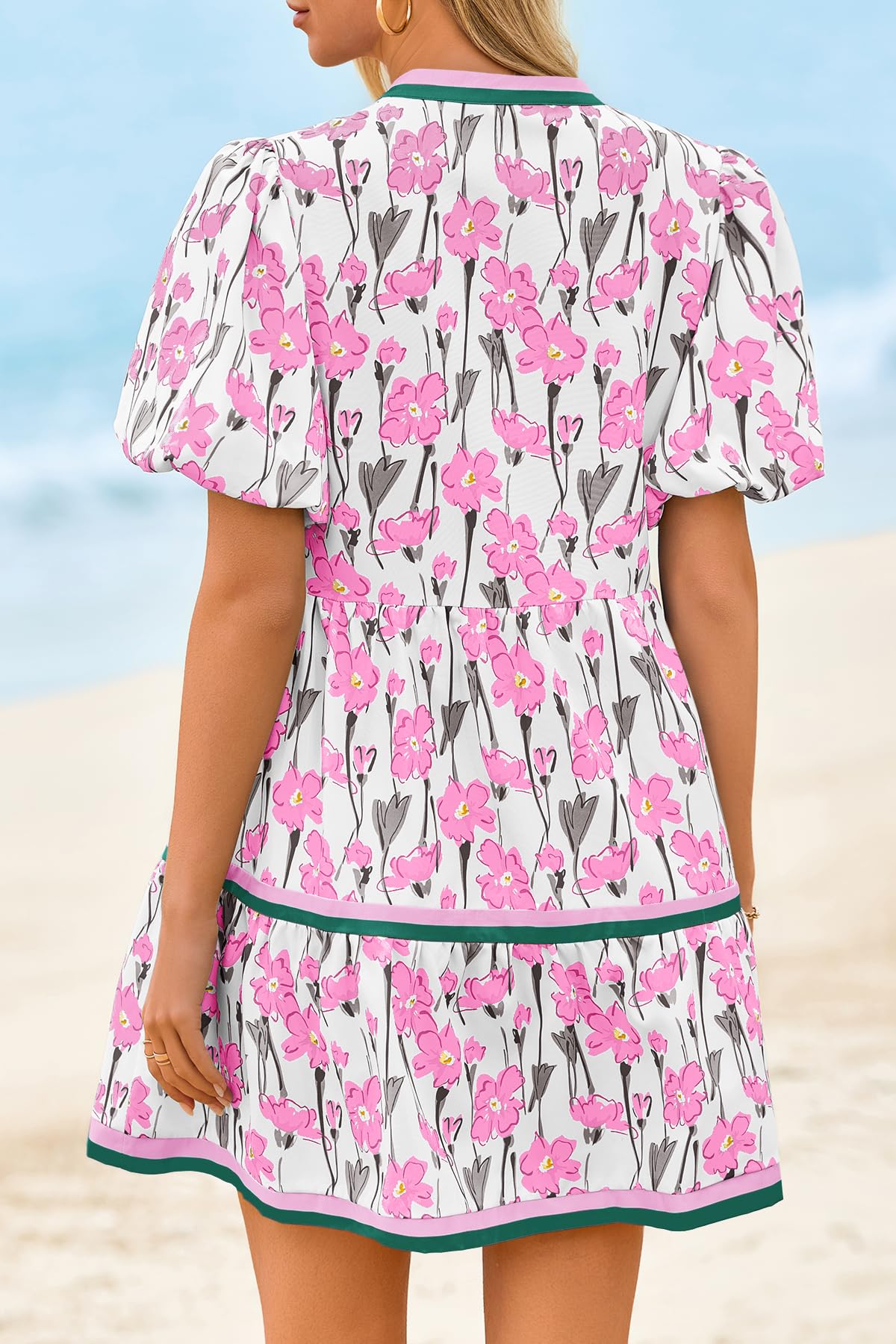 Cicy Bell Womens Summer Puff Sleeve V Neck Floral Mini Boho Beach Dresses | Short Length, Patchwork,Hawaiian,Vacation,Loose fit ,Print with pockets