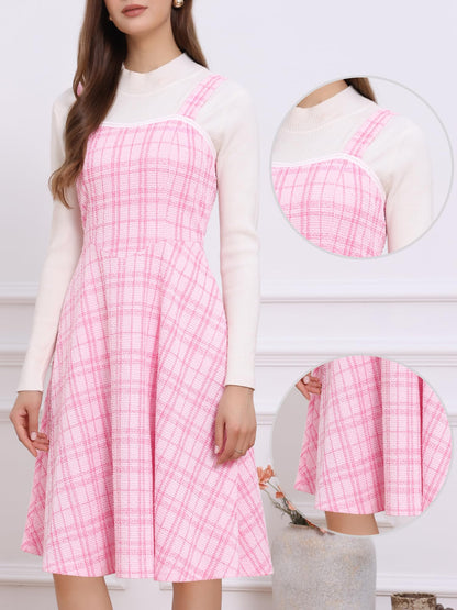 Allegra K Tweed Dress for Women Sleeveless Square Neck Plaid A-Line Pinafore Overall Dresses