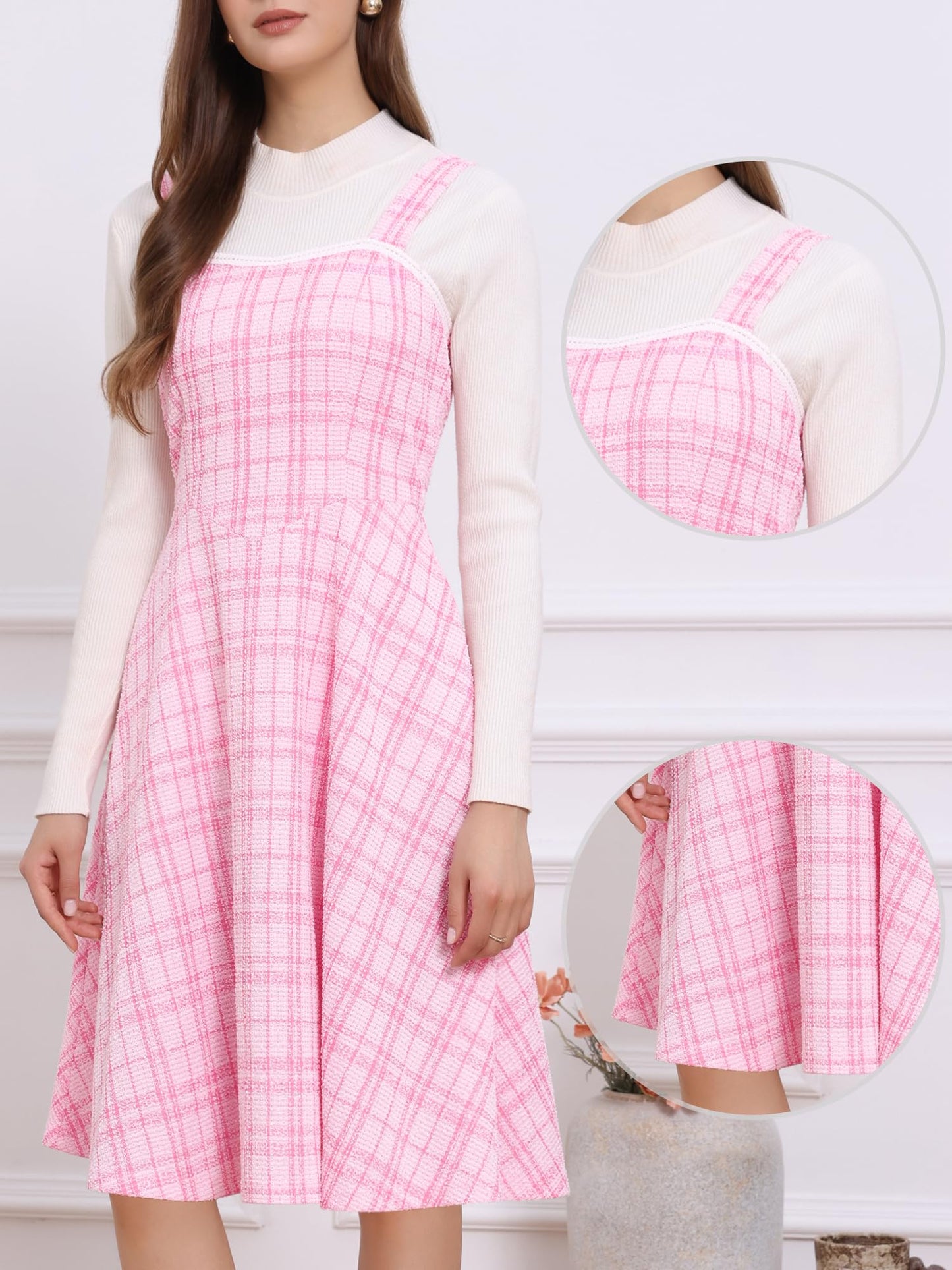 Allegra K Tweed Dress for Women Sleeveless Square Neck Plaid A-Line Pinafore Overall Dresses