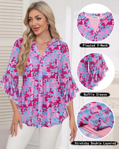 Ninedaily Womens Sparkly Tops 3/4 Sleeve Dressy Casual Sequin Blouses Double Layers Loose V Neck Shirt