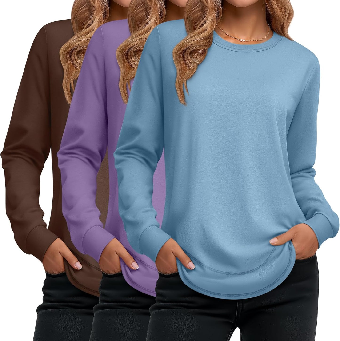Ficerd 3 Pack Women's Long Sleeve Shirts, Cotton Crew Neck Tunic Tops Casual Loose Fit Pullover Sweatshirts Curved Hem Shirts