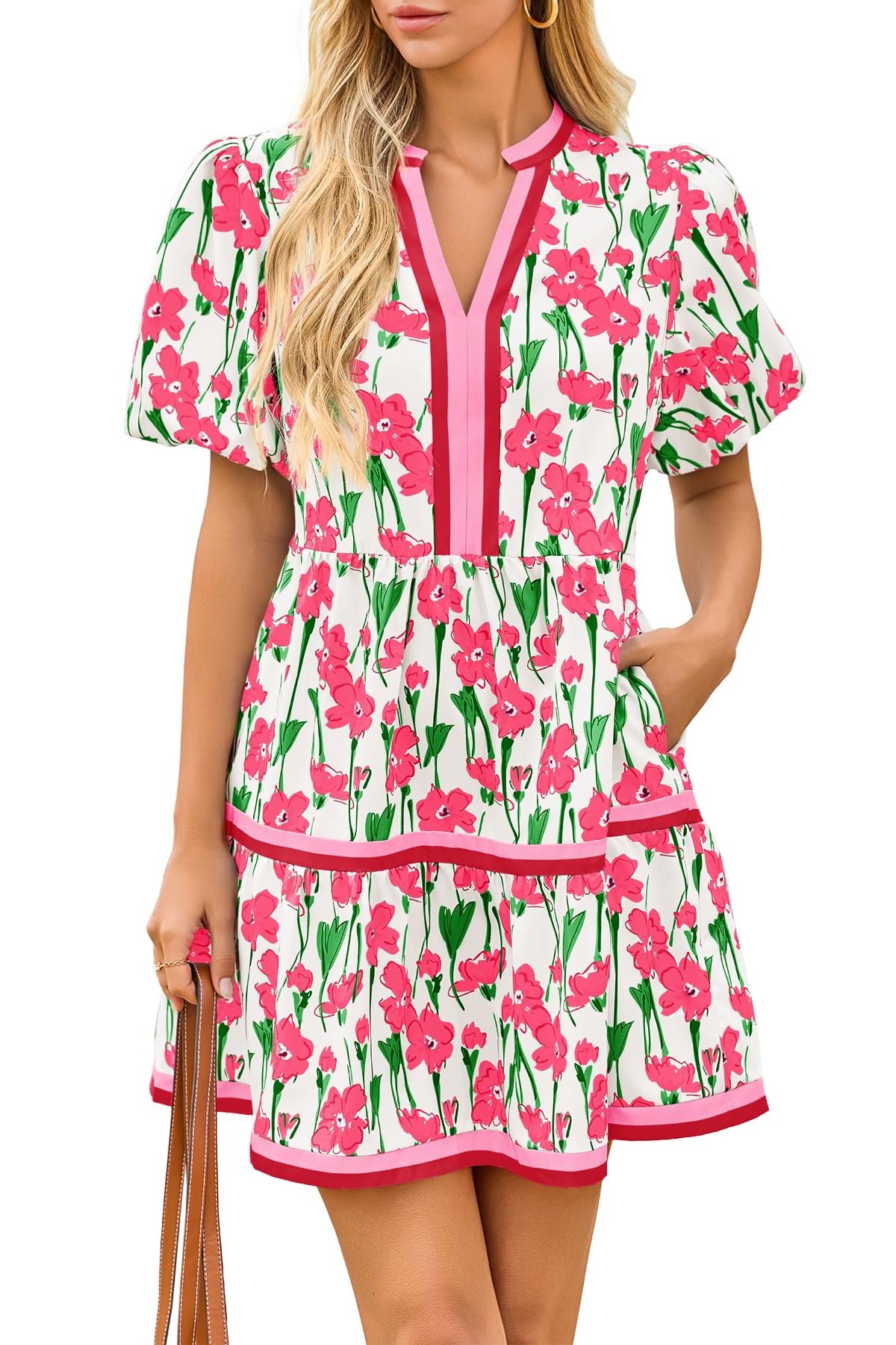 Cicy Bell Womens Summer Puff Sleeve V Neck Floral Mini Boho Beach Dresses | Short Length, Patchwork,Hawaiian,Vacation,Loose fit ,Print with pockets