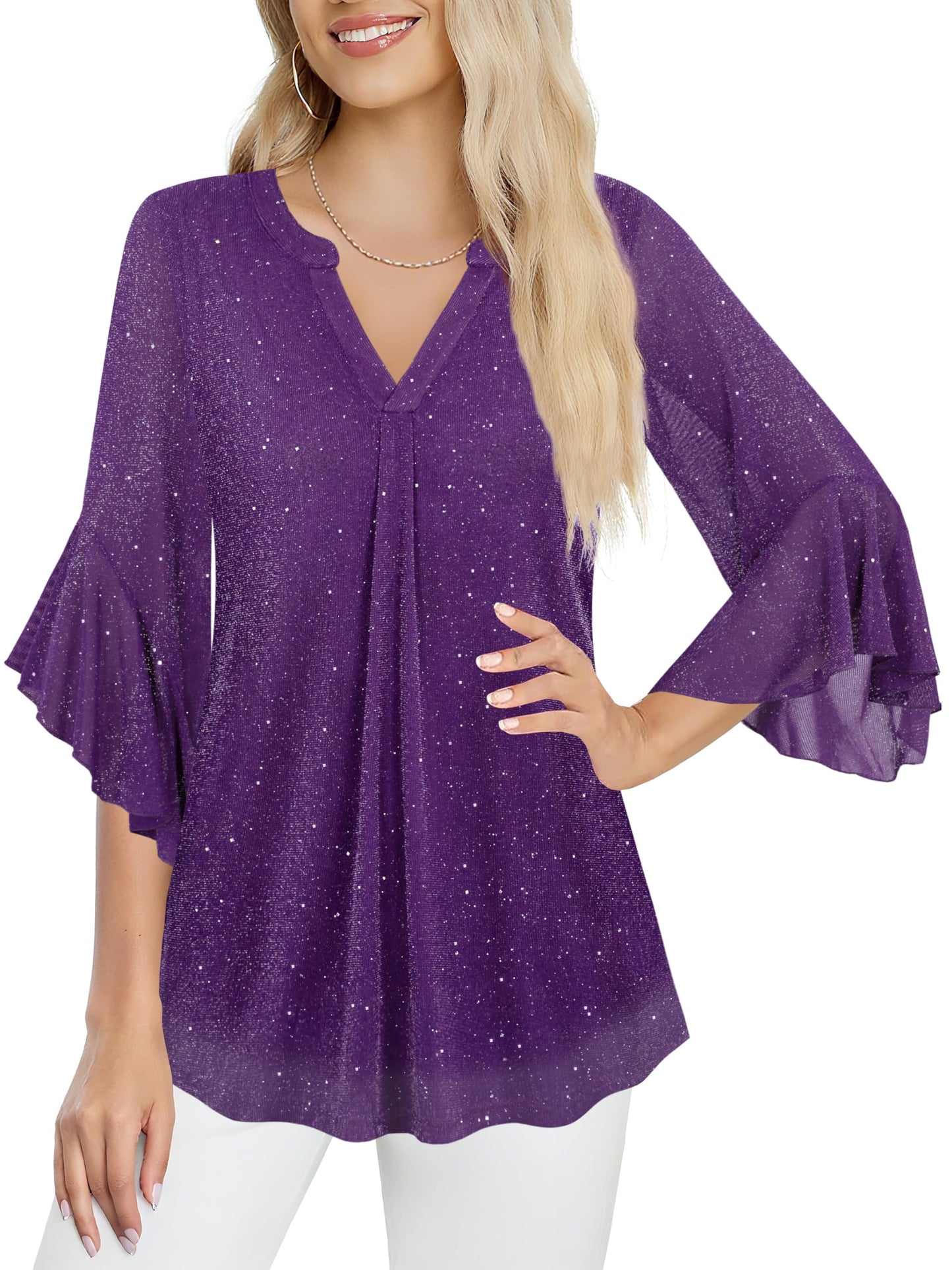 Ninedaily Womens Sparkly Tops 3/4 Sleeve Dressy Casual Sequin Blouses Double Layers Loose V Neck Shirt