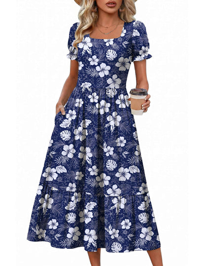 Zeagoo Summer Dresses for Women Flowy Casual Midi Dress Short Sleeve Tiered Dress Beach Vacation Sundresses with Pockets
