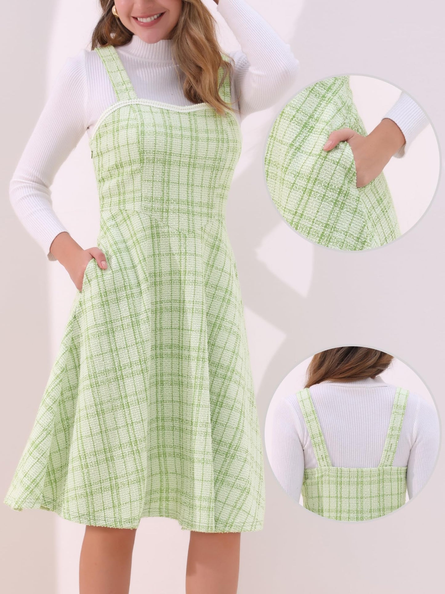 Allegra K Tweed Dress for Women Sleeveless Square Neck Plaid A-Line Pinafore Overall Dresses