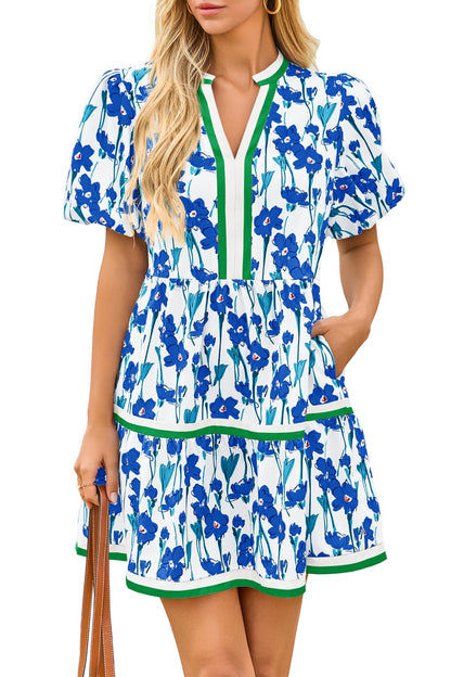 Cicy Bell Womens Summer Puff Sleeve V Neck Floral Mini Boho Beach Dresses | Short Length, Patchwork,Hawaiian,Vacation,Loose fit ,Print with pockets