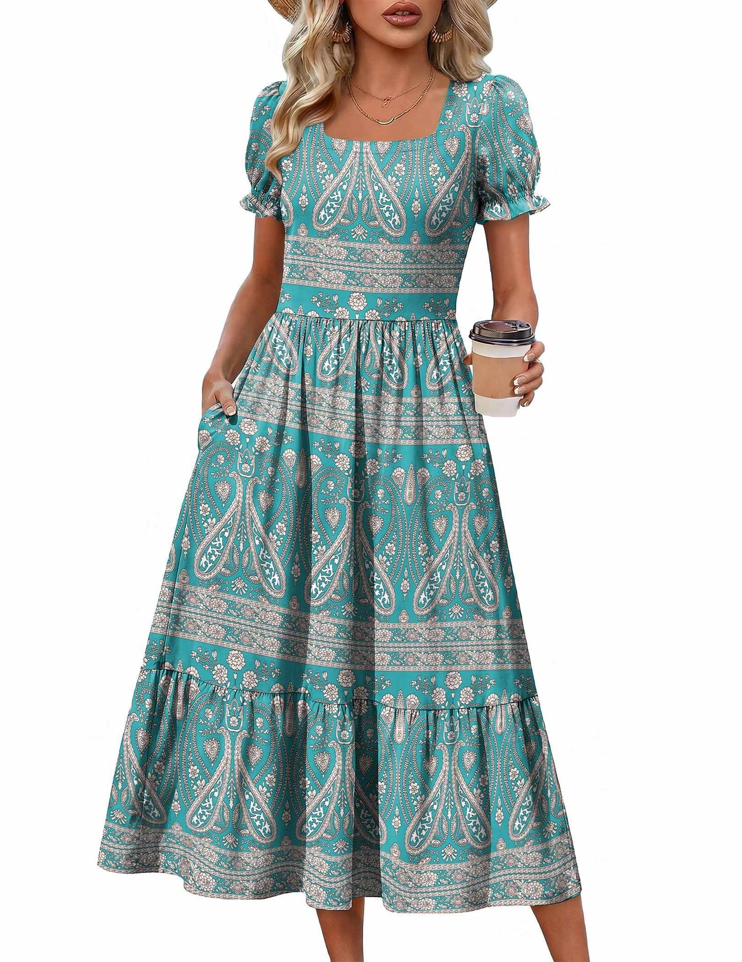 Zeagoo Summer Dresses for Women Flowy Casual Midi Dress Short Sleeve Tiered Dress Beach Vacation Sundresses with Pockets