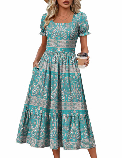 Zeagoo Summer Dresses for Women Flowy Casual Midi Dress Short Sleeve Tiered Dress Beach Vacation Sundresses with Pockets
