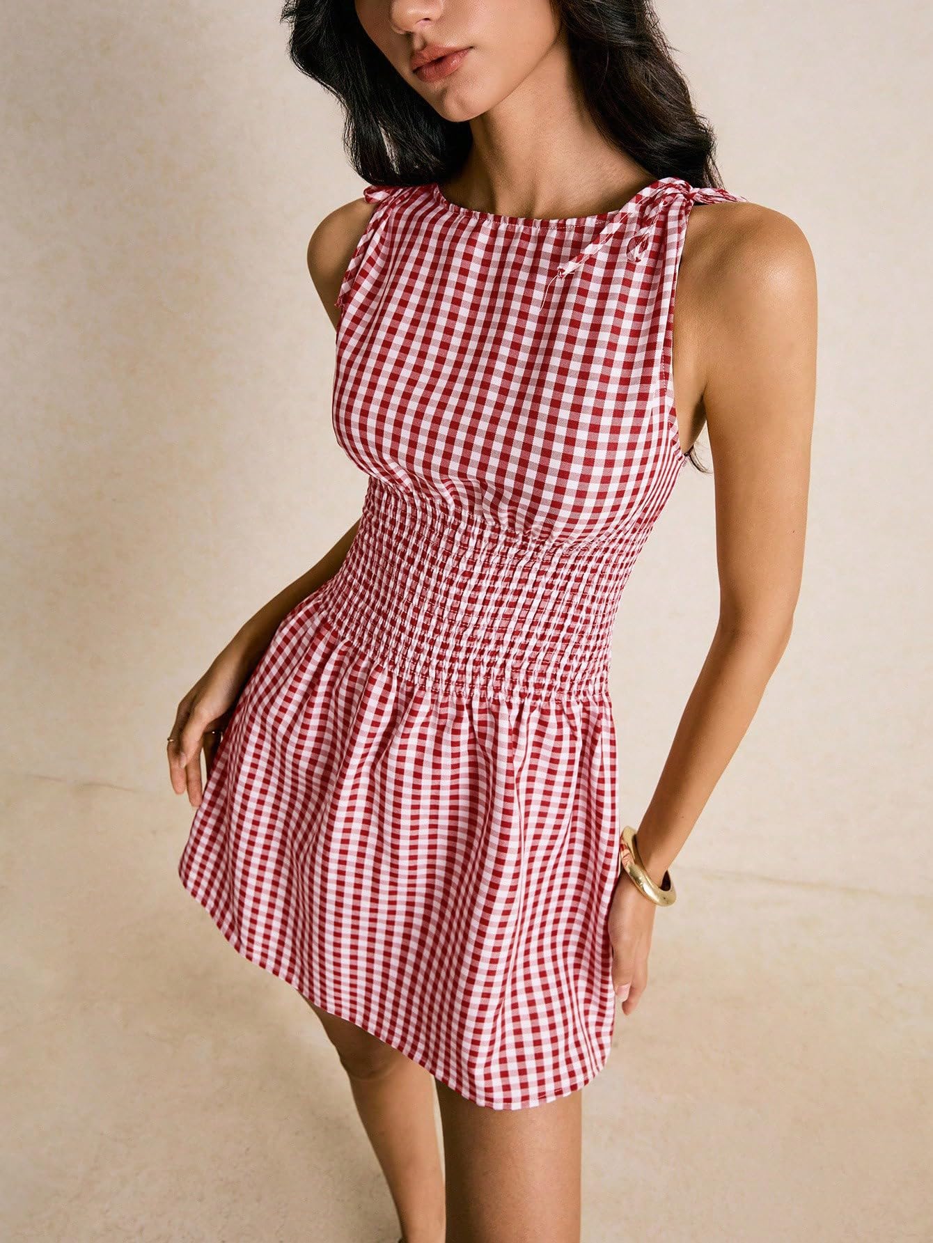 Floerns Women's Tie Shoulder A Line Gingham Dress Boat Neck Mini Checkered Elegant Dresses