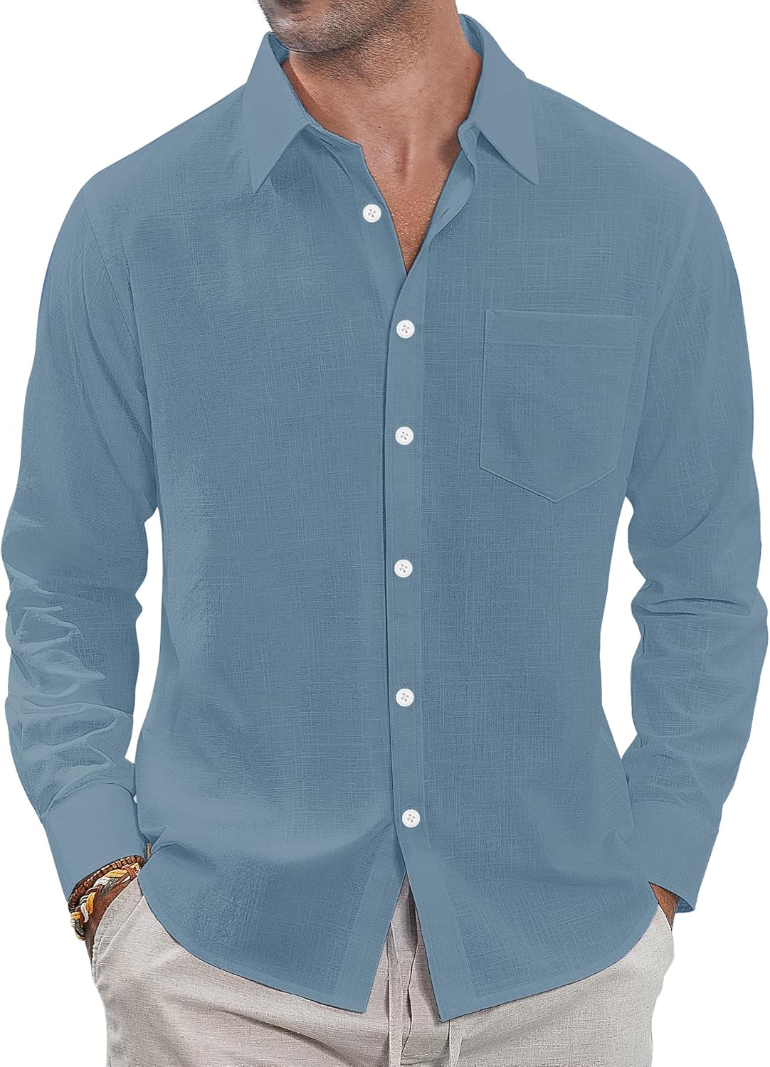 J.VER Men's Linen Shirts Casual Button Down Long Sleeve Shirt Solid Spread Collar Summer Beach Shirts with Pocket