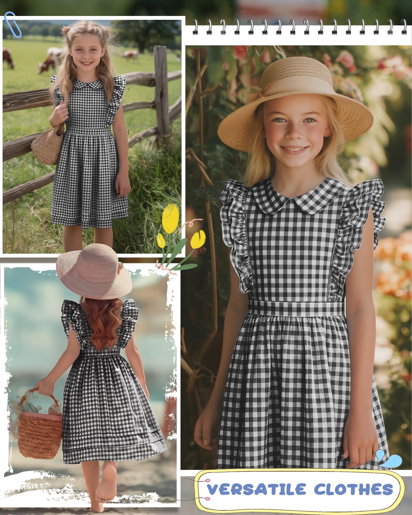 Xaatren Girls' Ruffle Sleeves Dress 5-14 Years Doll Collar Plaid Midi Length Gingham Flutter Pockets Summer Dress with Zipper