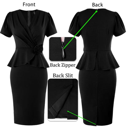 VFSHOW Womens 2024 Business Work Office 3D Flower Pleated Puff Sleeve Faux Wrap V Neck Slim Bodycon Pencil Dress