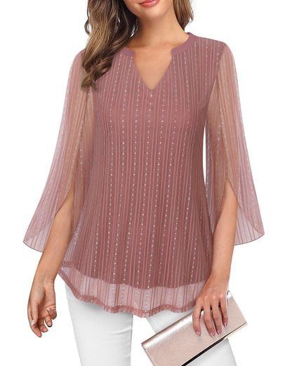 VALOLIA Women's 3/4 Sleeve Floral Tunic Tops V Neck Double Layers Loose Fit Mesh Blouses Shirt
