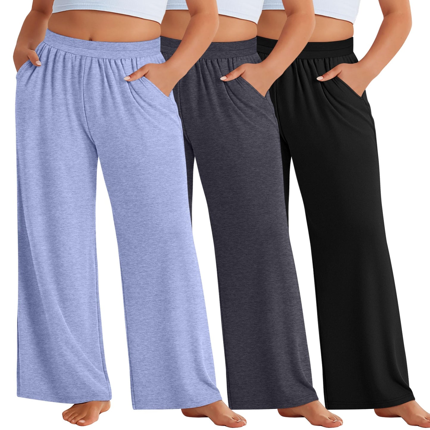 Evervibe 3 Pack Women Plus Size Wide Leg Pants Loose Fit Palazzo Lounge Yoga Sweatpants High Waist Casual Pajamas Pants