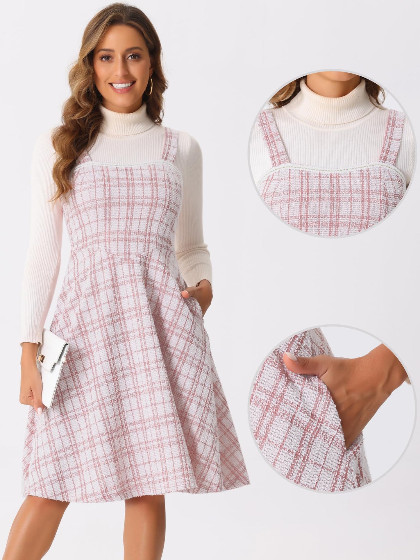 Allegra K Tweed Dress for Women Sleeveless Square Neck Plaid A-Line Pinafore Overall Dresses