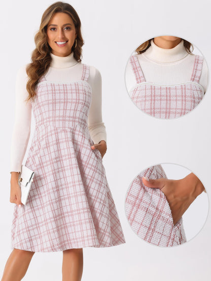 Allegra K Tweed Dress for Women Sleeveless Square Neck Plaid A-Line Pinafore Overall Dresses