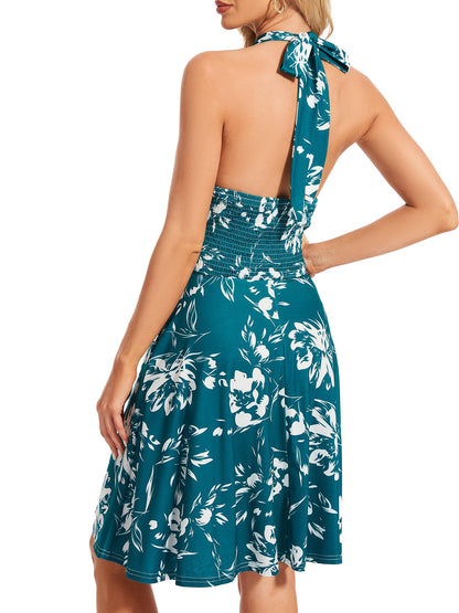 Women's Sexy Sundress Halter V Neck Tie Back Sleeveless Ruffle Mini Short Summer Beach Dresses