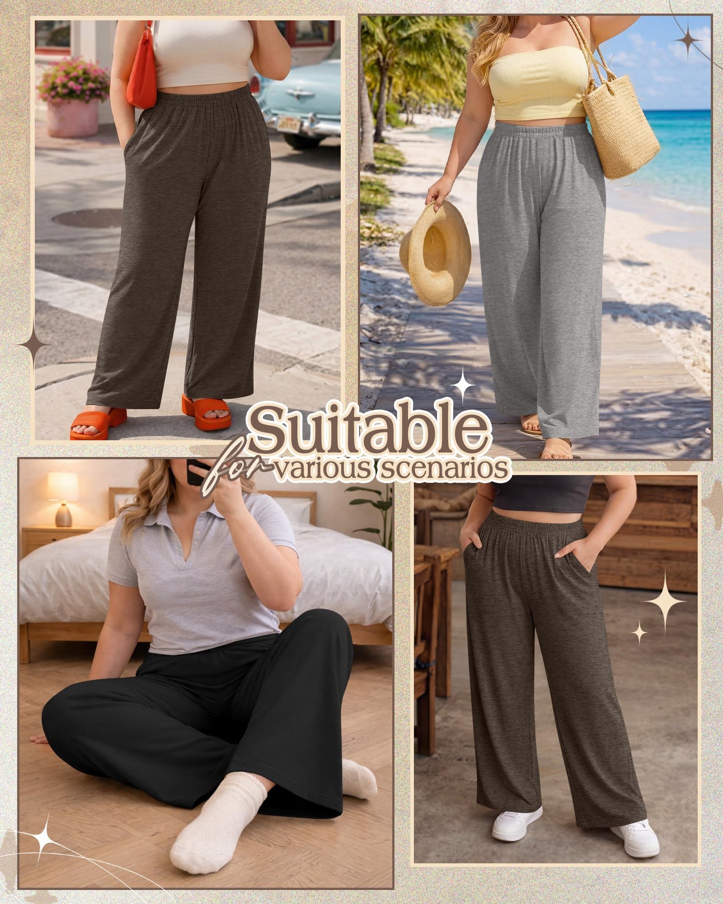 Evervibe 3 Pack Women Plus Size Wide Leg Pants Loose Fit Palazzo Lounge Yoga Sweatpants High Waist Casual Pajamas Pants
