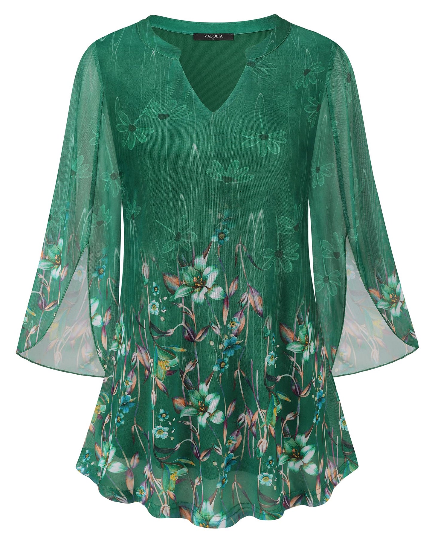 VALOLIA Women's 3/4 Sleeve Floral Tunic Tops V Neck Double Layers Loose Fit Mesh Blouses Shirt