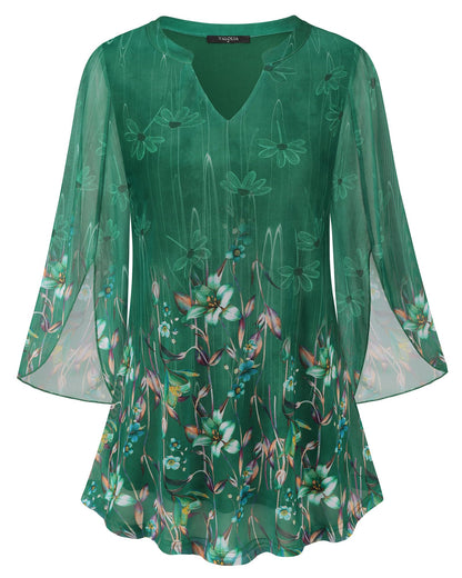VALOLIA Women's 3/4 Sleeve Floral Tunic Tops V Neck Double Layers Loose Fit Mesh Blouses Shirt
