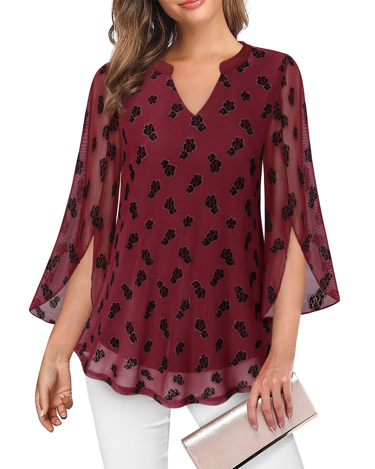 VALOLIA Women's 3/4 Sleeve Floral Tunic Tops V Neck Double Layers Loose Fit Mesh Blouses Shirt