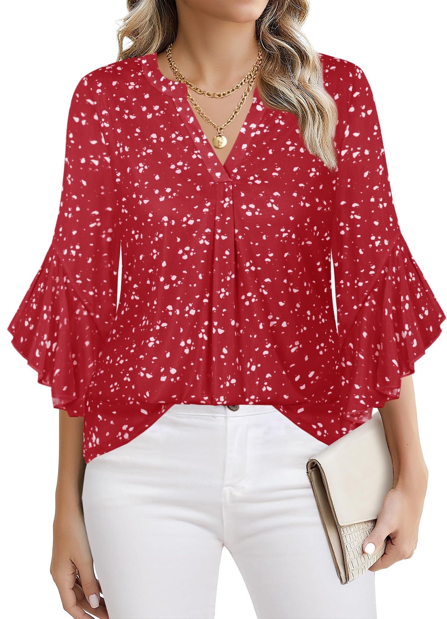 Ninedaily Womens Sparkly Tops 3/4 Sleeve Dressy Casual Sequin Blouses Double Layers Loose V Neck Shirt