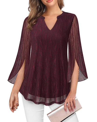 VALOLIA Women's 3/4 Sleeve Floral Tunic Tops V Neck Double Layers Loose Fit Mesh Blouses Shirt