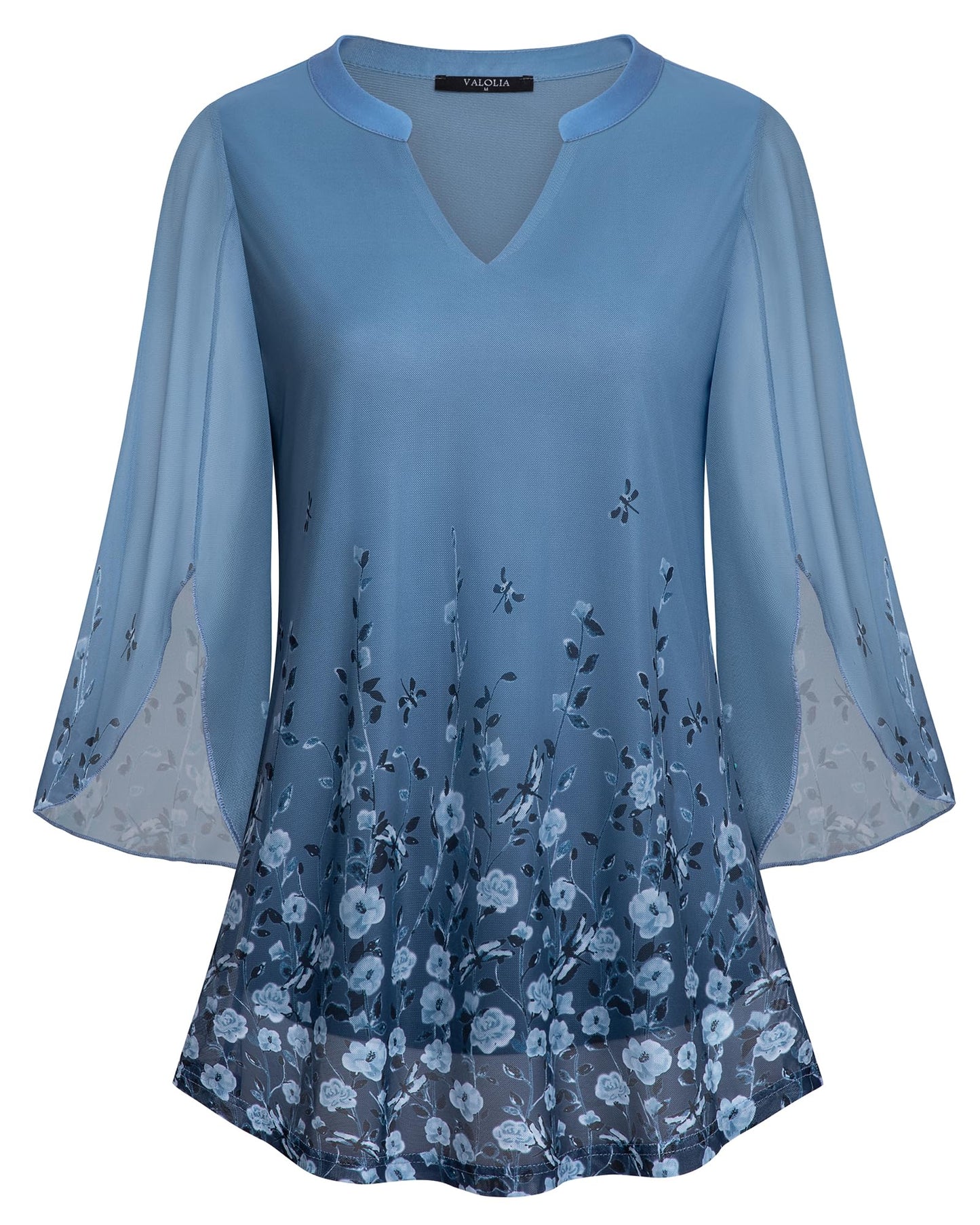 VALOLIA Women's 3/4 Sleeve Floral Tunic Tops V Neck Double Layers Loose Fit Mesh Blouses Shirt