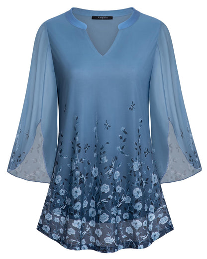 VALOLIA Women's 3/4 Sleeve Floral Tunic Tops V Neck Double Layers Loose Fit Mesh Blouses Shirt