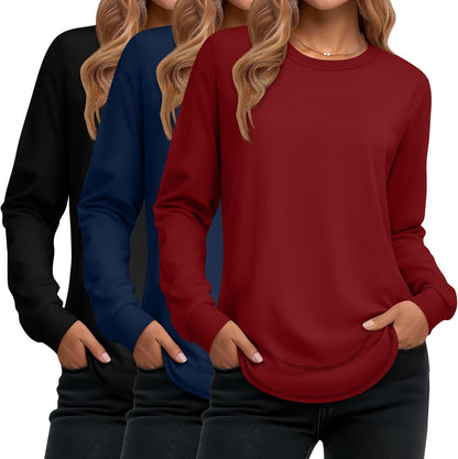 Ficerd 3 Pack Women's Long Sleeve Shirts, Cotton Crew Neck Tunic Tops Casual Loose Fit Pullover Sweatshirts Curved Hem Shirts