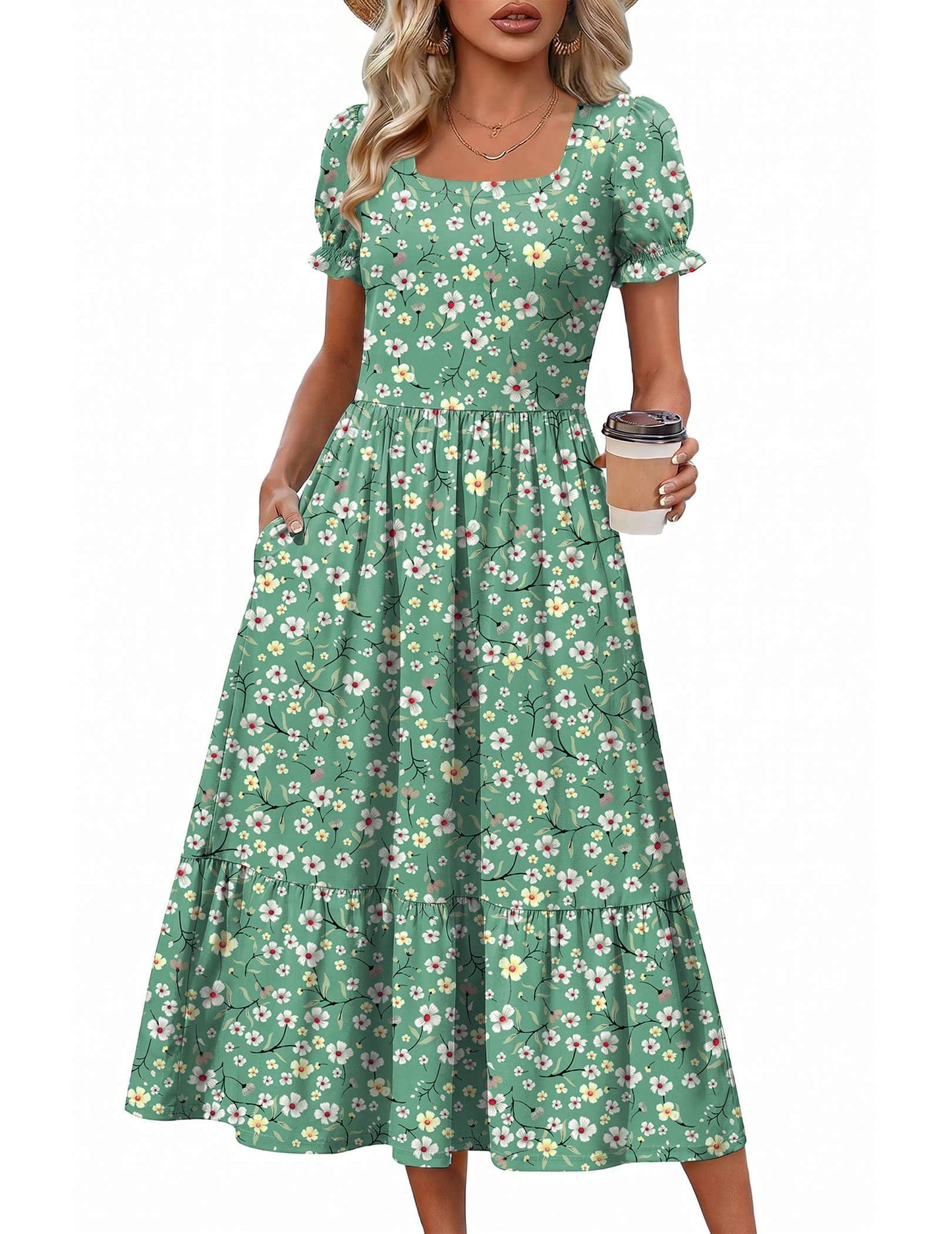 Zeagoo Summer Dresses for Women Flowy Casual Midi Dress Short Sleeve Tiered Dress Beach Vacation Sundresses with Pockets