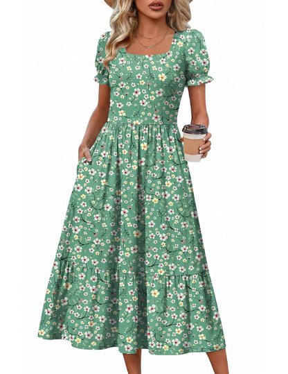 Zeagoo Summer Dresses for Women Flowy Casual Midi Dress Short Sleeve Tiered Dress Beach Vacation Sundresses with Pockets