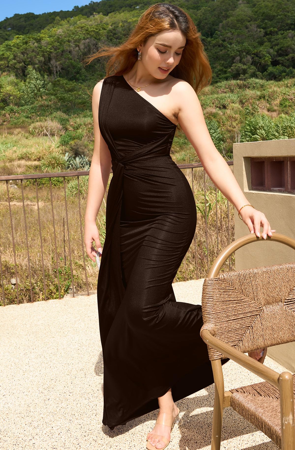 Memoriesea Women's Elegant Sleeveless One Shoulder Bodycon Evening Cocktail Maxi Dress