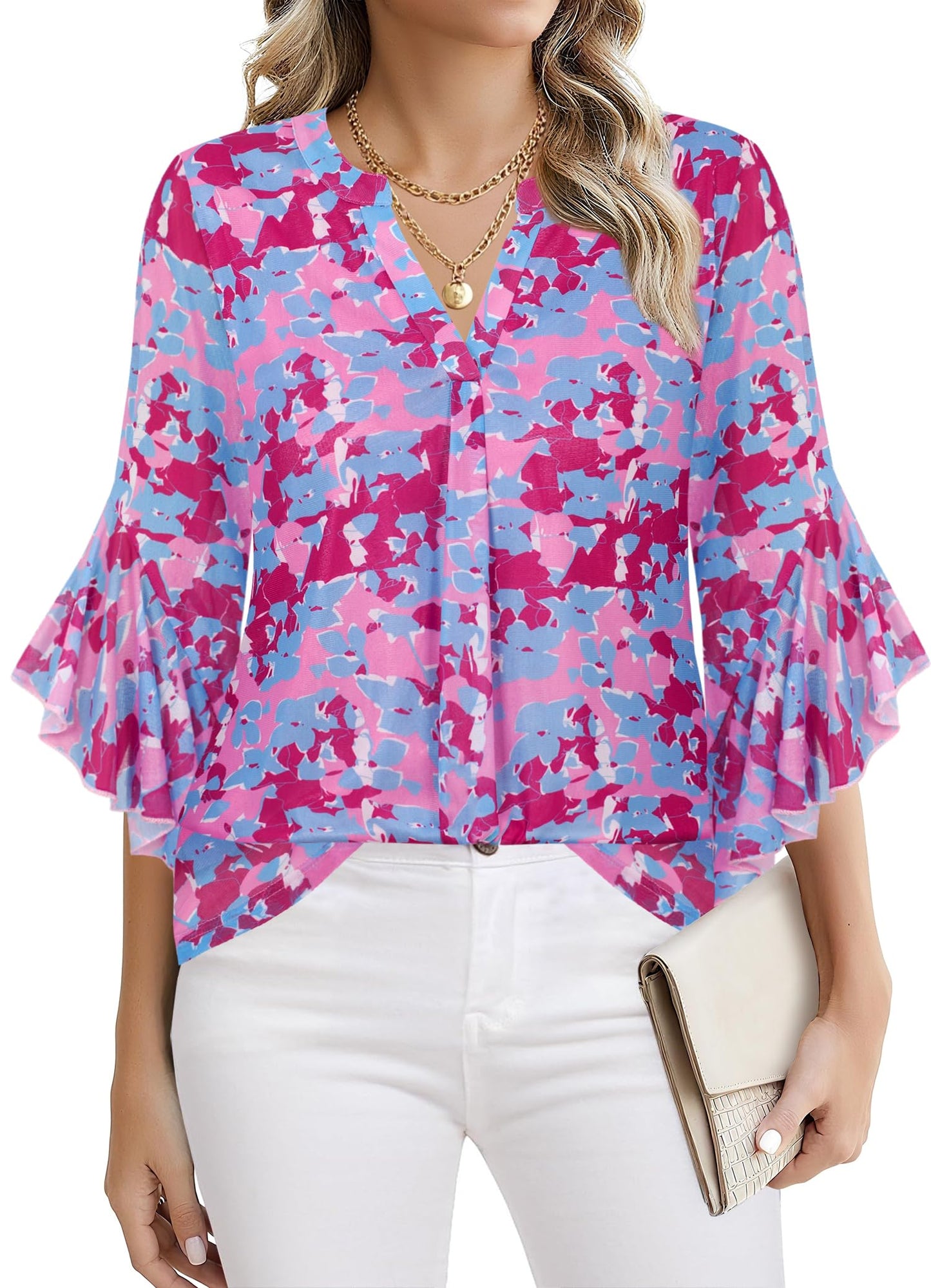 Ninedaily Womens Sparkly Tops 3/4 Sleeve Dressy Casual Sequin Blouses Double Layers Loose V Neck Shirt