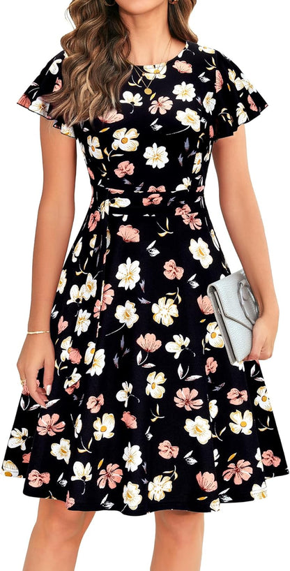 OWIN Womens 2026 Elegant Ruffle Sleeve Flared A Line Swing Casual Party Cocktail Dresses