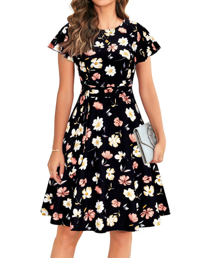 OWIN Womens 2026 Elegant Ruffle Sleeve Flared A Line Swing Casual Party Cocktail Dresses