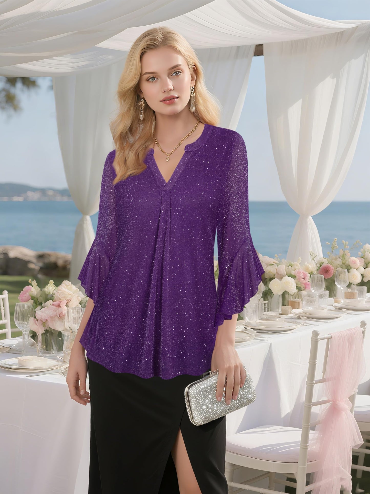Ninedaily Womens Sparkly Tops 3/4 Sleeve Dressy Casual Sequin Blouses Double Layers Loose V Neck Shirt