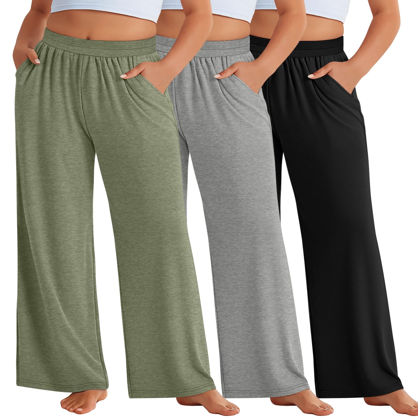 Evervibe 3 Pack Women Plus Size Wide Leg Pants Loose Fit Palazzo Lounge Yoga Sweatpants High Waist Casual Pajamas Pants