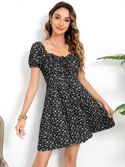 Missufe Women's Puff Short Sleeve Fit and Flare Casual Drawstring Floral Mini Sun Dresses 2025 Summer Vacation