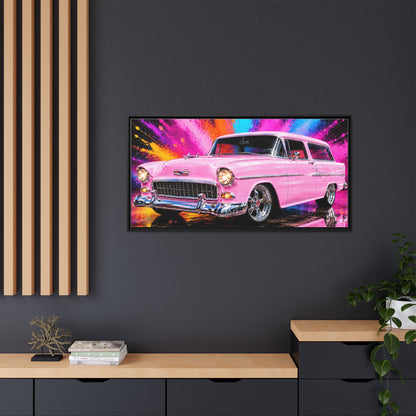 Pink Classic Station Wagon Canvas Print — Retro Car Wall Art, Framed Matte Multi‑Color Splash
