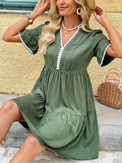 Lace Detail Notched Flounce Sleeve Mini Dress