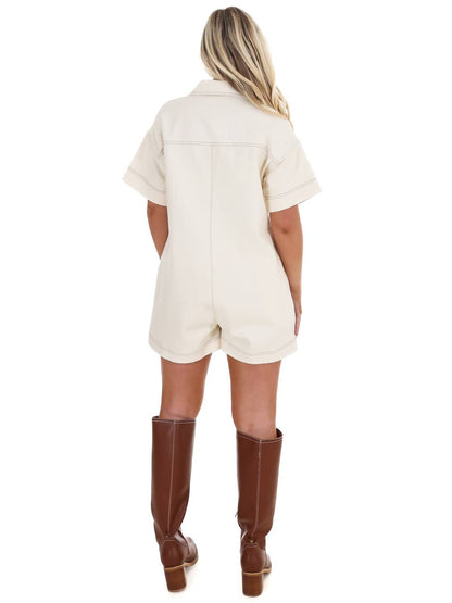 Contrast Stitch Twill Romper