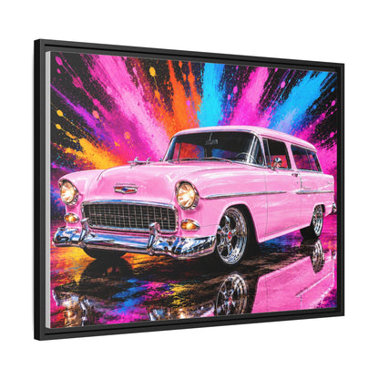 Pink Classic Station Wagon Canvas Print — Retro Car Wall Art, Framed Matte Multi‑Color Splash